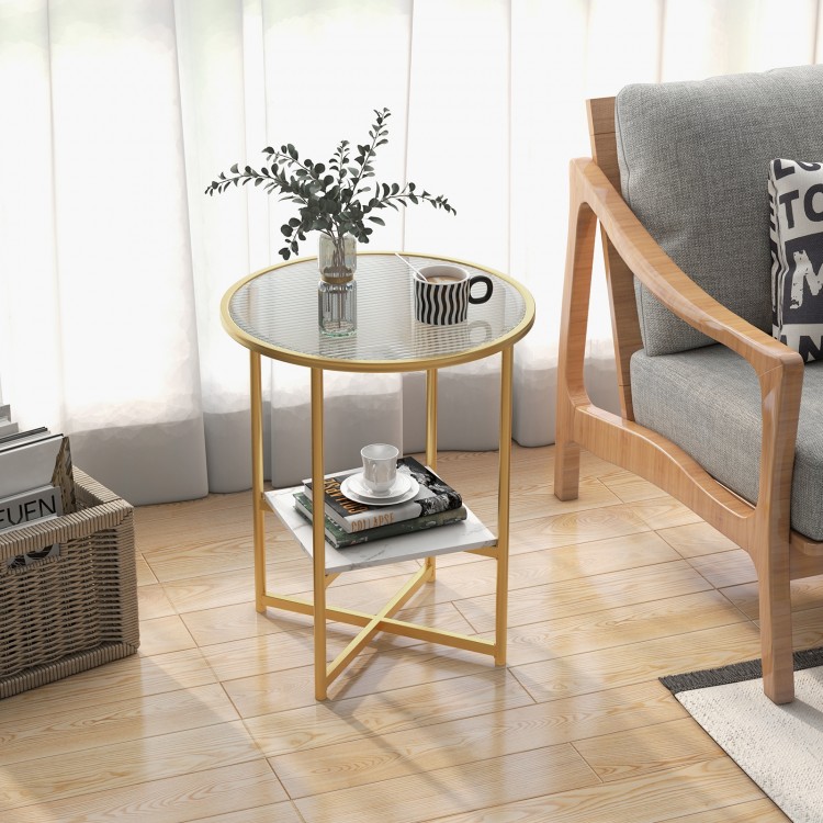Round end table with tempered glass top and faux marble shelf, featuring a gold frame, perfect for living room or.
