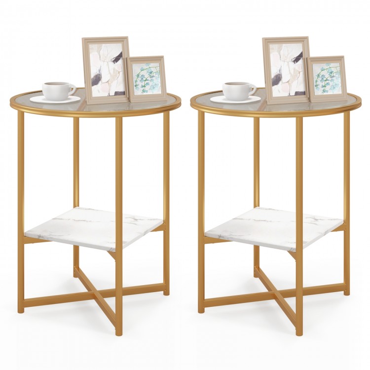 Set of 2 round end tables featuring tempered glass tops and faux marble shelves, perfect for living room or bedroom.
