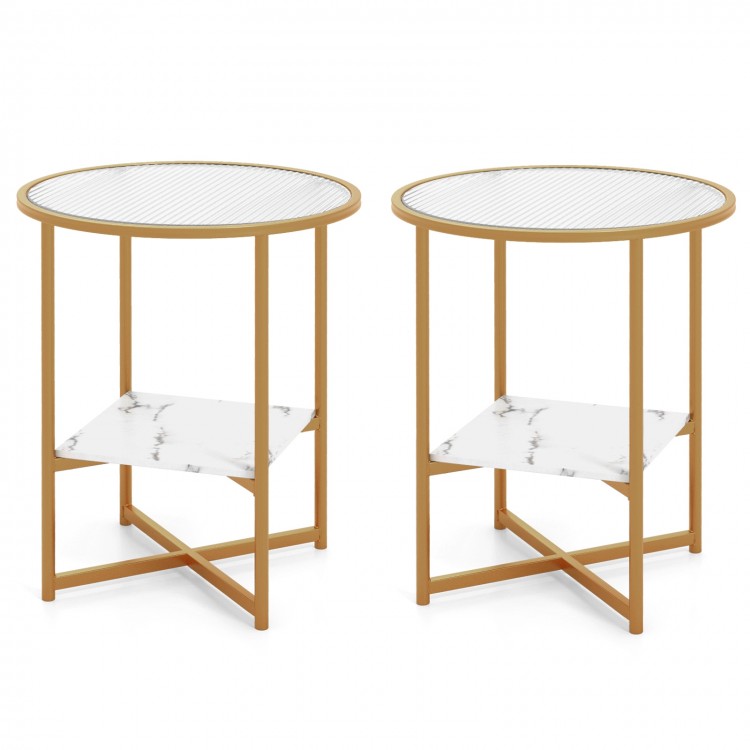 Set of 2 round end tables with tempered glass tops and faux marble shelves, perfect for living room or bedroom use.