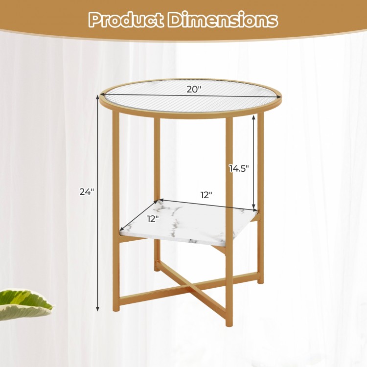 2-tier round end table with faux marble shelf, gold frame, dimensions 20" top, 14.5" height, ideal for living room or.