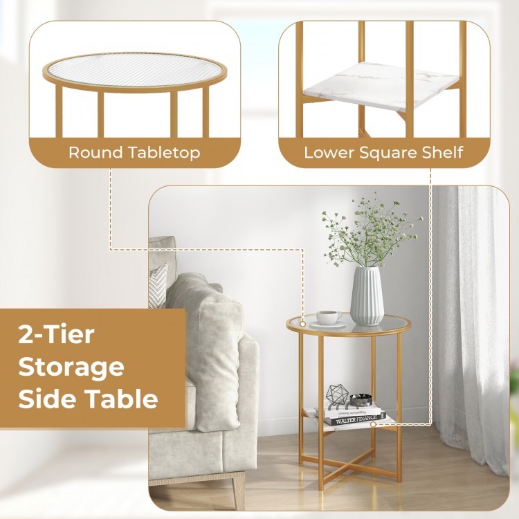 2-tier glass end table with faux marble storage shelf, featuring a round tabletop and gold tubes, perfect for living.