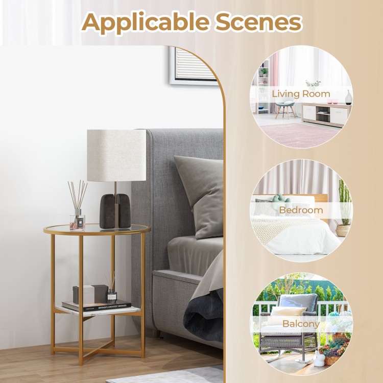 2-tier round end table set with faux marble shelf and gold tubes, perfect for living room, bedroom, or balcony use.