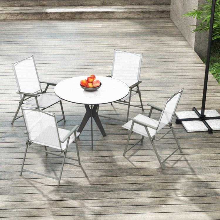 Set of 4 white patio folding chairs with rustproof metal frame, perfect for backyard dining and easy storage.