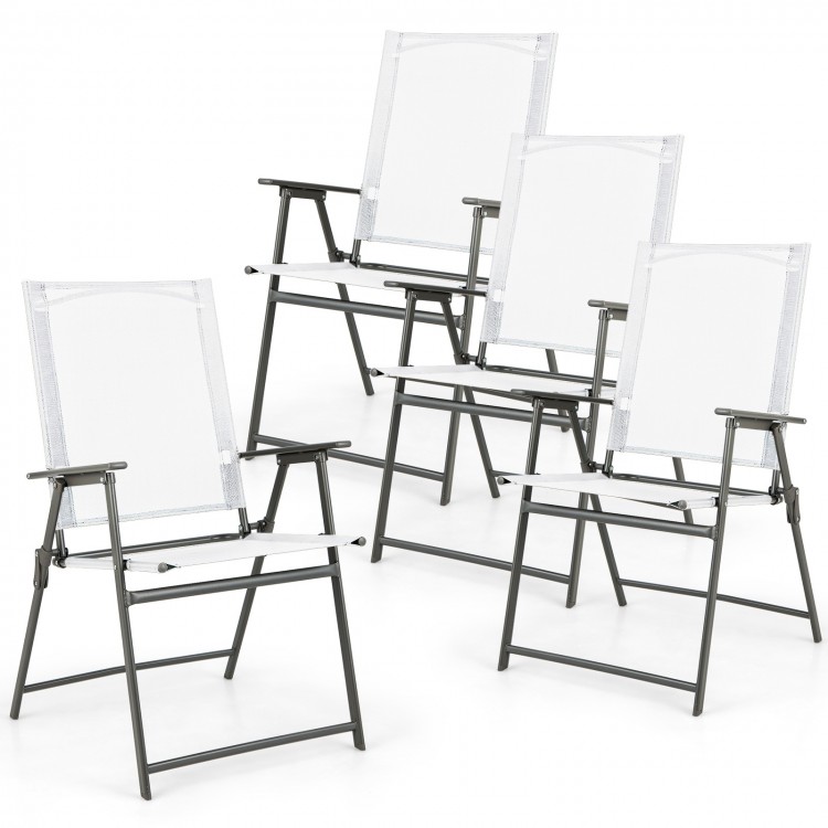 Set of 4 white patio folding chairs with rustproof metal frame, ideal for backyard and camping use.