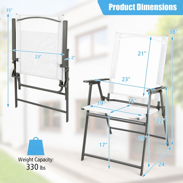 Patio folding chair dimensions with rustproof metal frame, 330 lbs capacity, ideal for backyard and camping use.