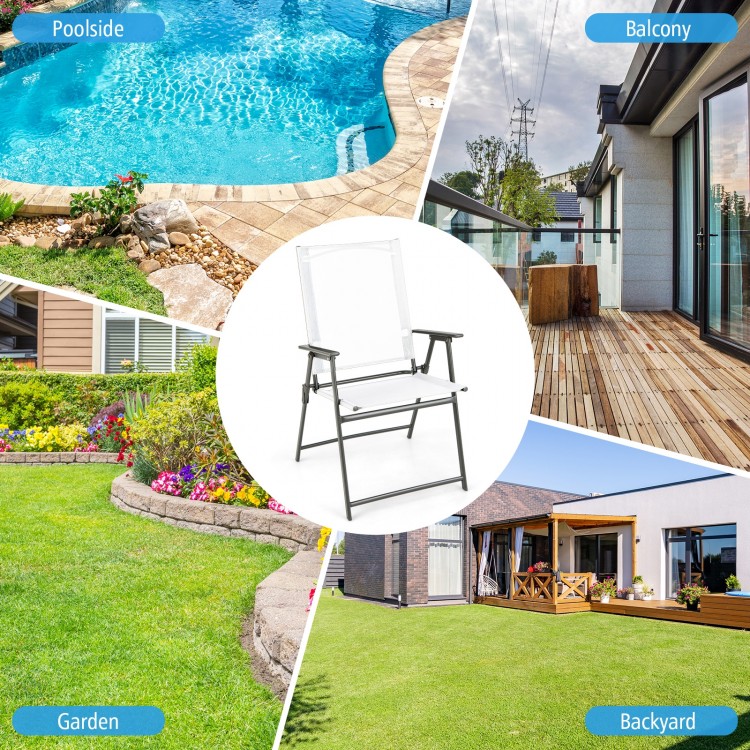 White patio folding chair set with rustproof metal frame, ideal for backyard, deck, or camping use.