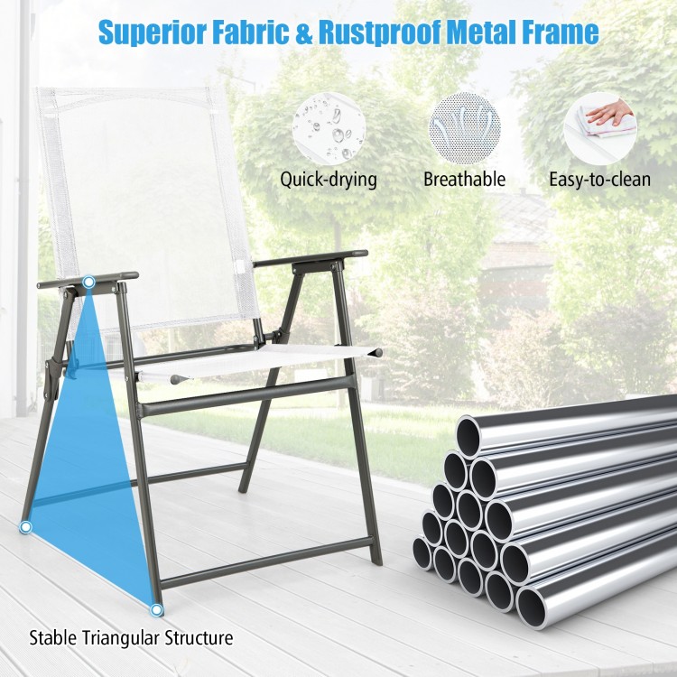 Patio folding chair with rustproof metal frame, breathable fabric, and quick-drying design for outdoor use.