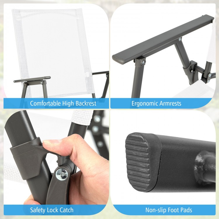 High backrest and ergonomic armrests of a white patio folding chair with rustproof metal frame for outdoor use.