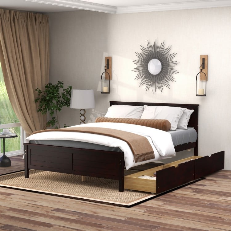 Full size bed frame in espresso with solid wood headboard, featuring two large storage drawers for extra space.