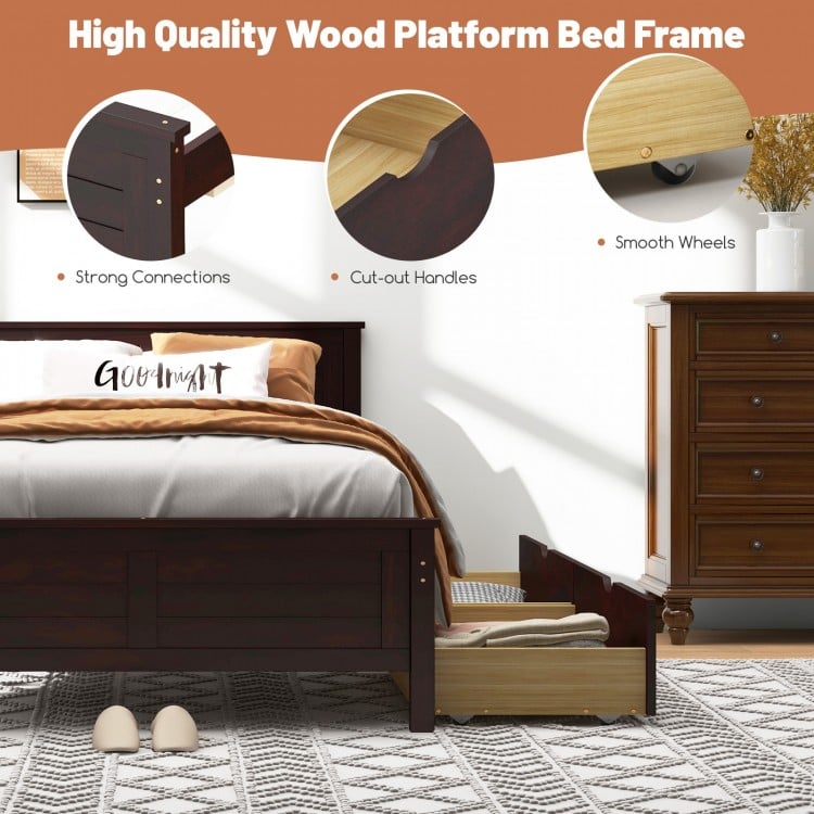 Full size espresso bed frame with solid wood headboard and two large storage drawers for added convenience.