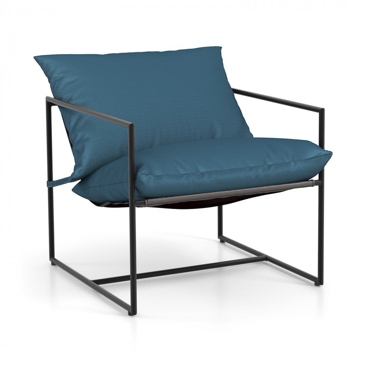 Navy sling accent chair with ultra-soft cushions and a durable metal frame, perfect for indoor and outdoor relaxation.