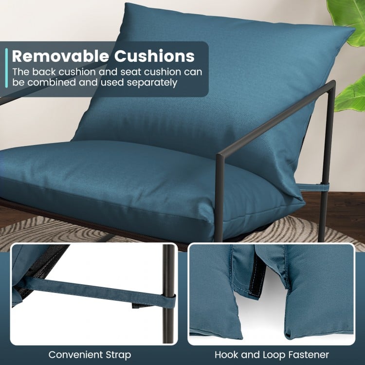 Navy sling accent chair with removable cushions, ergonomic design, and durable metal frame for indoor and outdoor use.