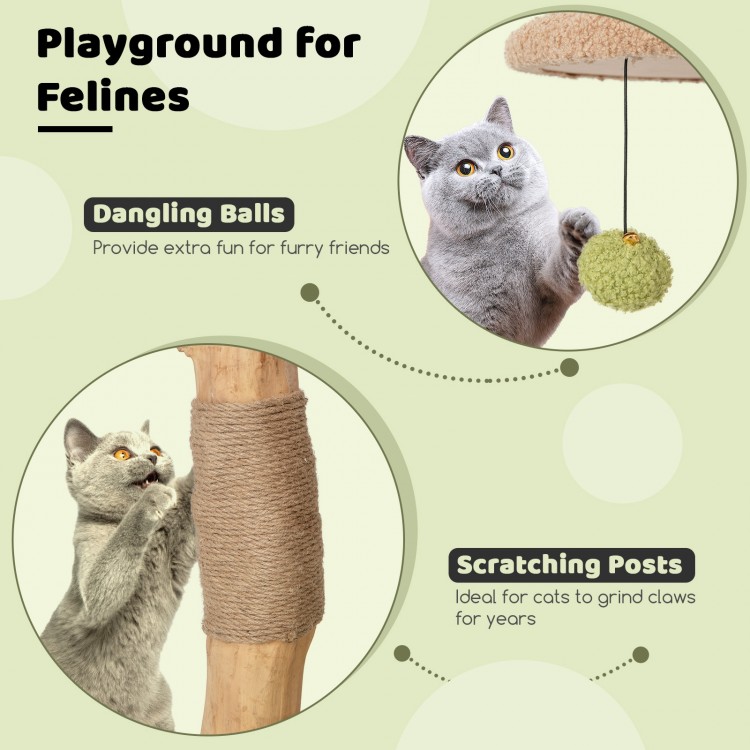 Wooden cat tree featuring a padded top perch, scratching posts, and dangling balls for playful feline fun.
