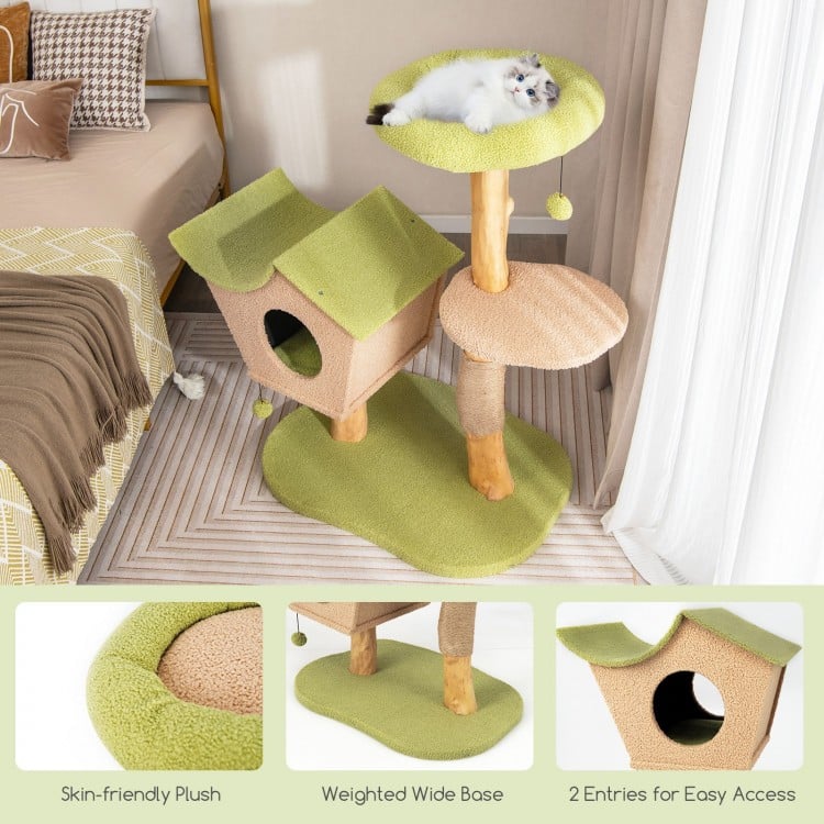 Wooden cat tree with padded top perch in green, featuring a cozy condo, scratching posts, and a stable base for playful.