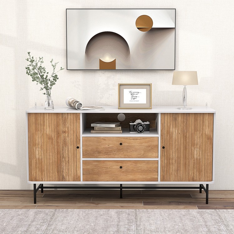 Mid Century Modern buffet sideboard with sliding tambour doors, 2 storage drawers, and ample space for flat screen TVs.