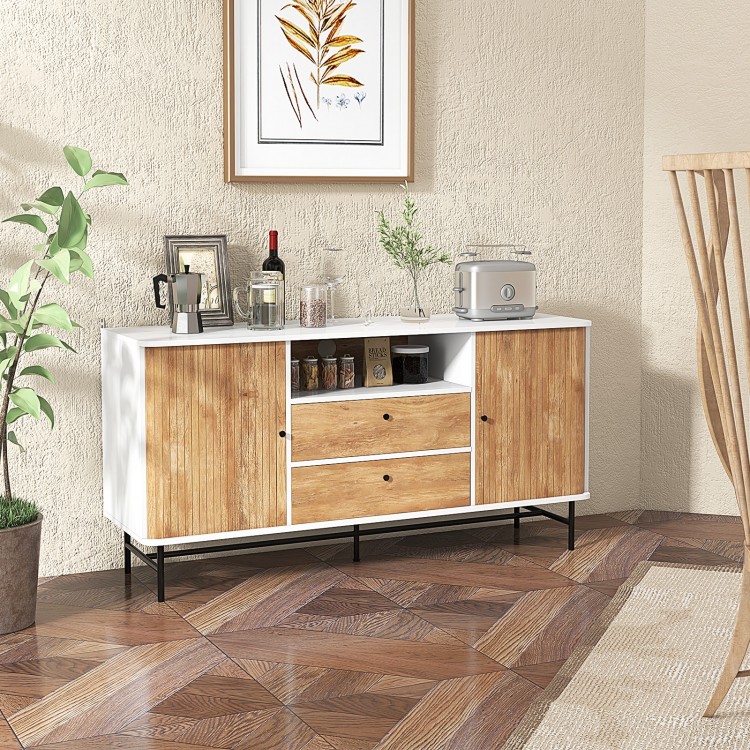 Mid Century Modern buffet sideboard in white with sliding tambour doors, two drawers, and ample storage for home decor.