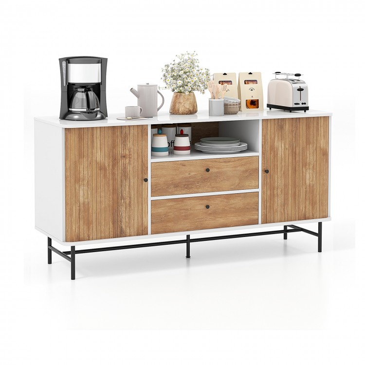 Mid Century Modern buffet sideboard in white with sliding tambour doors, 2 storage drawers, and ample shelf space.