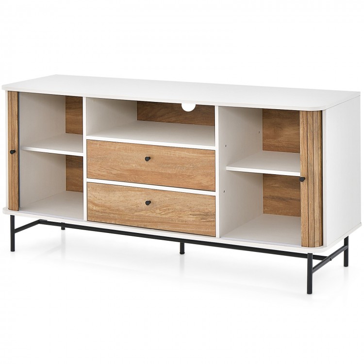 Mid Century Modern buffet sideboard in white with sliding tambour doors, two drawers, and five shelves for ample.