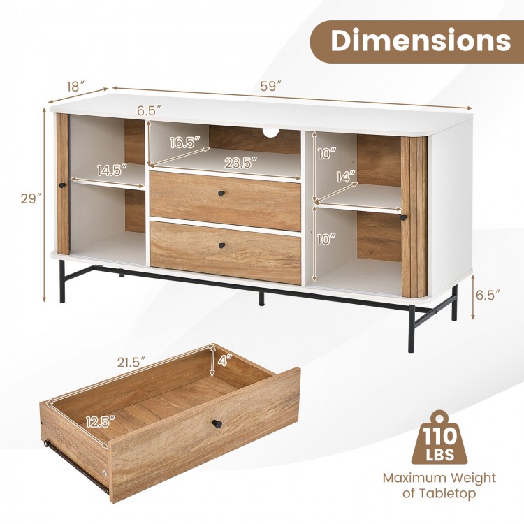 Mid Century Modern buffet sideboard with sliding tambour doors, featuring 2 drawers and 5 shelves for ample storage.