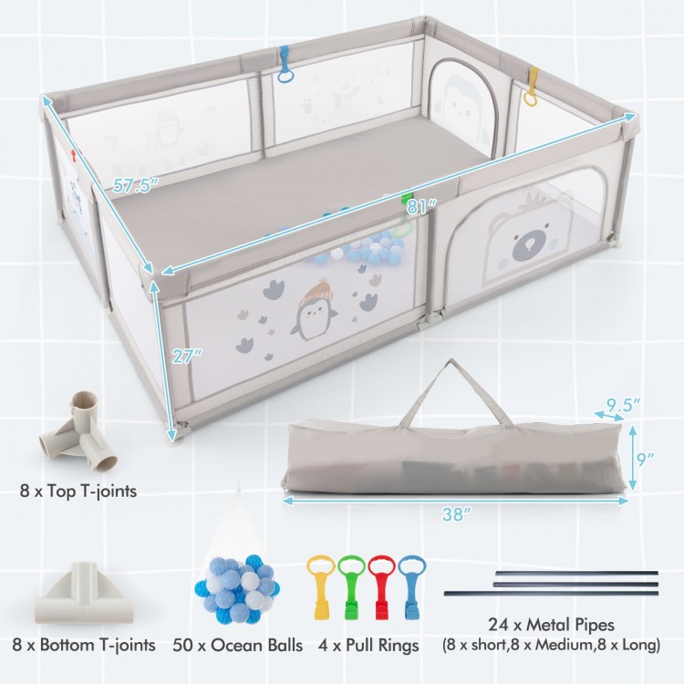 Large baby playpen with penguin pattern, featuring 50 ocean balls and 4 pull rings for fun and safety during playtime.