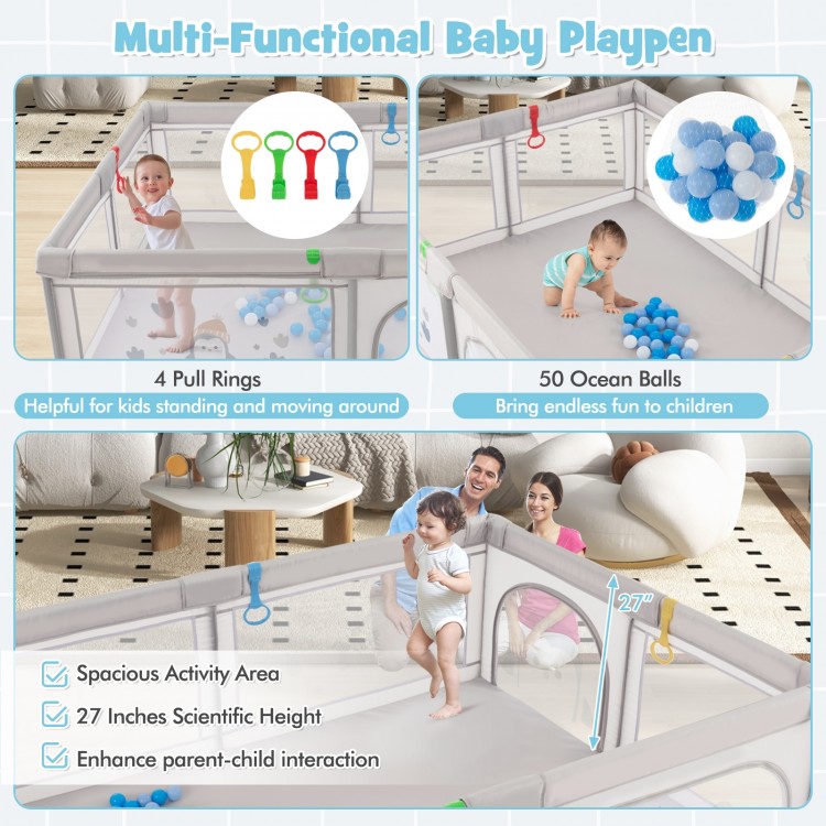 Large baby playpen with pull rings and ocean balls, featuring breathable mesh and 27-inch height for safe play.