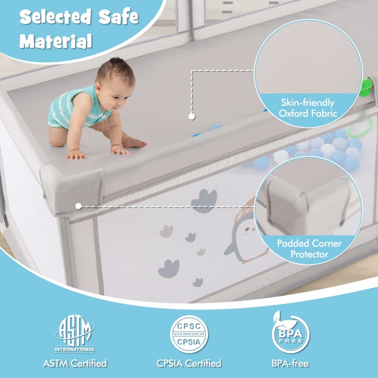 Large baby playpen with padded corner protector, skin-friendly oxford fabric, and colorful ocean balls for safe play.