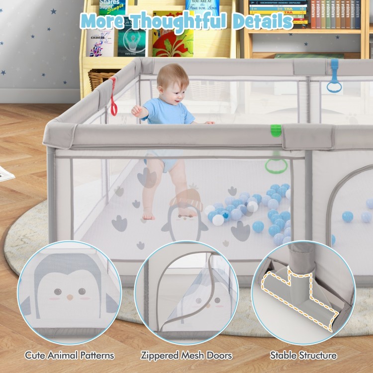 Large baby playpen featuring cute penguin patterns, breathable mesh, and colorful ocean balls for safe play and.