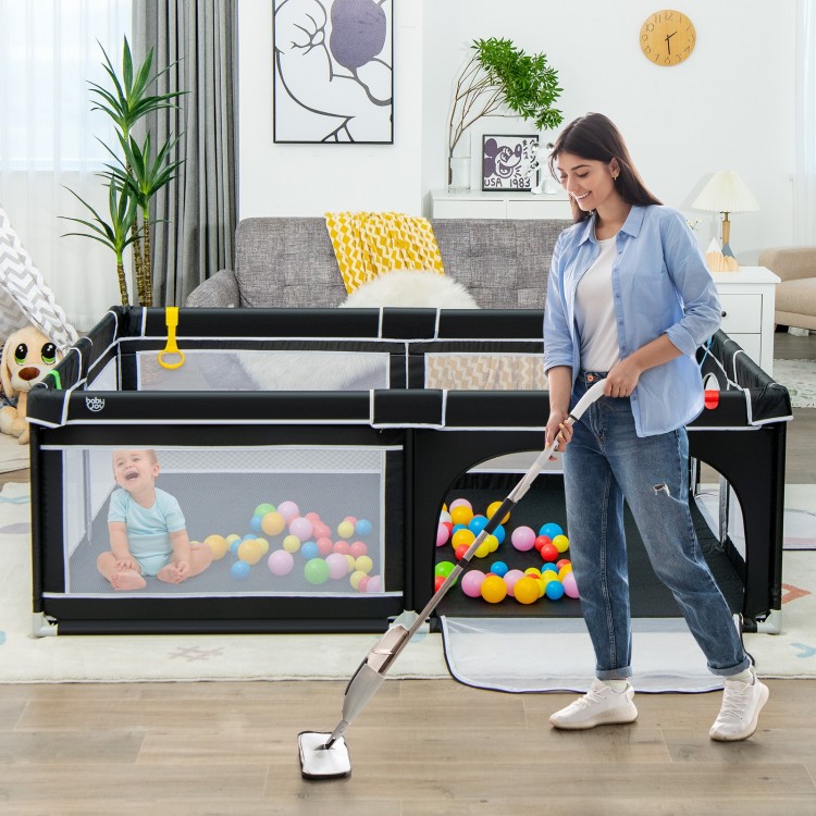Portable baby playpen in black, 81 x 59 inches, with 50 ocean balls and handlebars for safe play and interaction.