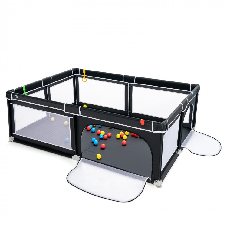 Portable baby playpen in black, 81 x 59 inches, includes 50 ocean balls and 4 handlebars for safe play.