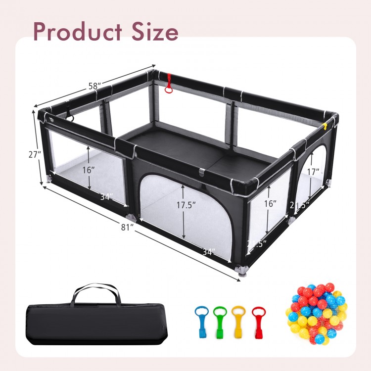 Portable baby playpen in black, 81" x 59", includes 50 ocean balls and 4 handlebars for safe play and interaction.