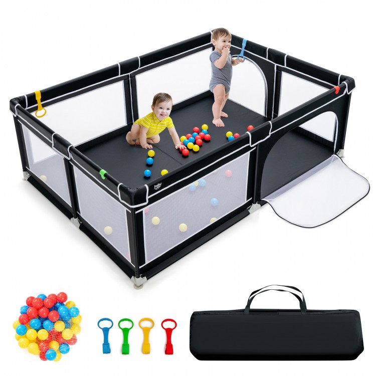 Portable baby playpen in black, 81 x 59 inches, includes 50 ocean balls and 4 handlebars for safe playtime.