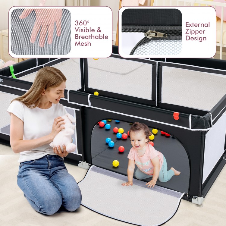 Portable baby playpen with breathable mesh, 50 ocean balls, and handlebars for safe play and interaction.