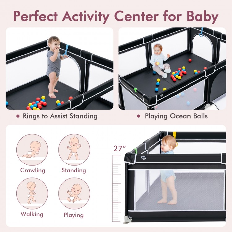 Portable baby playpen with 50 ocean balls and handlebars, 81"x59", ideal for crawling, standing, and playing.