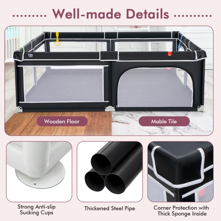 Portable baby playpen in black, 81"x59", with safety door, ocean balls, and sturdy steel pipes for secure play.