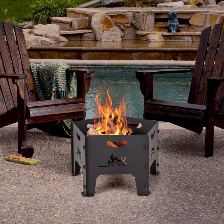 Collapsible 19-inch portable fire pit with exquisite patterns, perfect for camping and backyard gatherings.