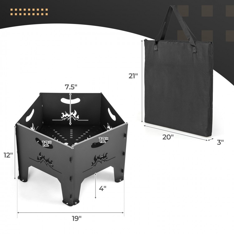 Collapsible 19-inch portable fire pit with storage bag, featuring carbon steel construction and decorative fire motif.