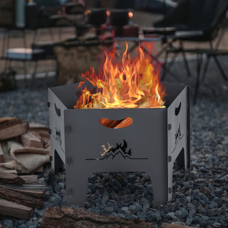 Collapsible 19-inch portable fire pit with flames, designed for camping and backyard use, featuring carbon steel.