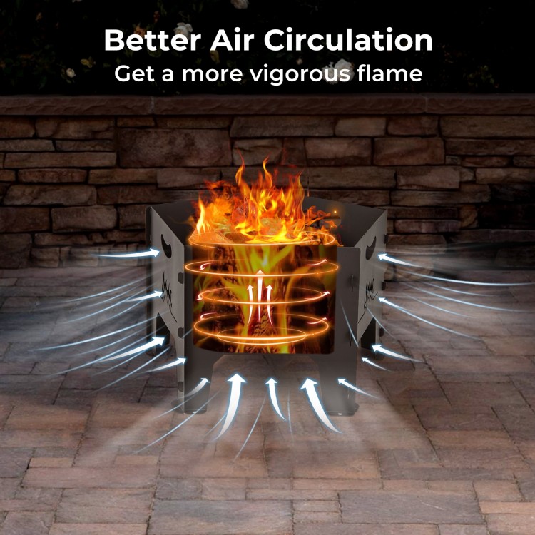 Collapsible 19-inch portable fire pit showcasing flames and air circulation design, ideal for camping and backyard use.