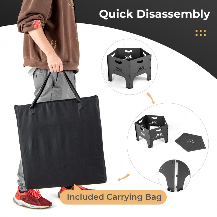 Collapsible 19-inch portable fire pit with carrying bag, featuring quick disassembly and rustproof carbon steel design.