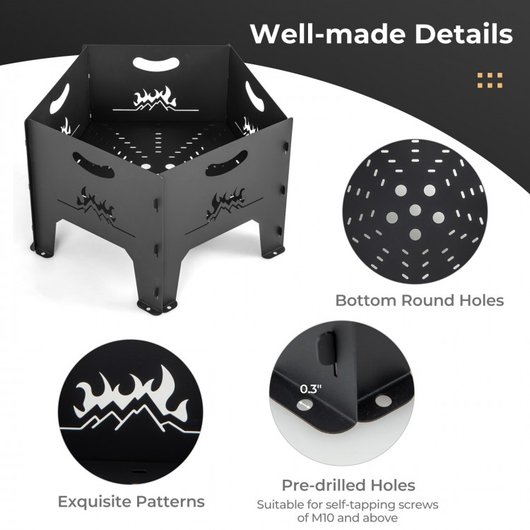 Collapsible portable fire pit with exquisite patterns, carbon steel construction, and pre-drilled holes for stability.