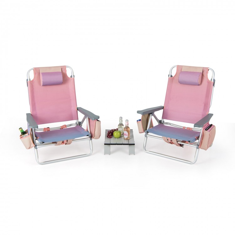 Two pink outdoor folding chairs with a side table, featuring adjustable positions and storage for drinks and snacks.