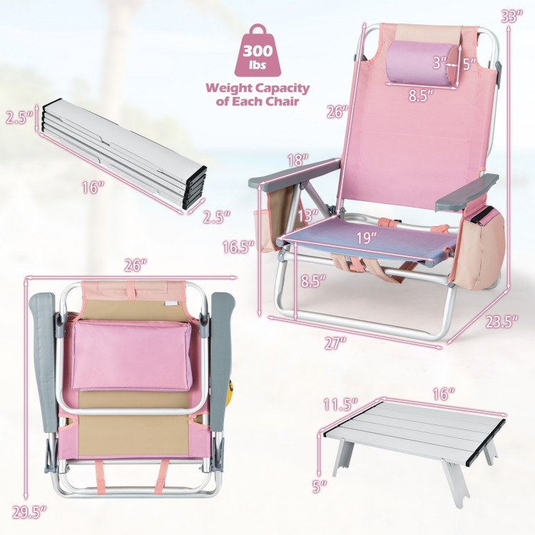 Pink 5-position outdoor folding reclining chair set with aluminum frame, cup holders, and padded shoulder straps for.
