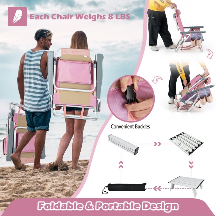Pink 5-position outdoor folding backpack beach chair set with cup holders and padded straps, ideal for camping and.