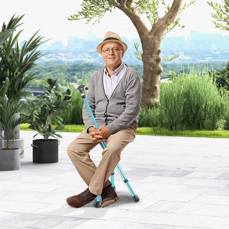Lightweight adjustable folding cane seat with ergonomic handle, ideal for resting outdoors or while traveling.