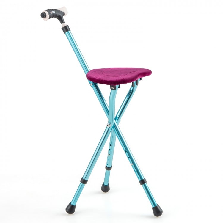 Lightweight adjustable folding cane seat in teal with a purple cushion, ideal for resting while traveling or waiting.