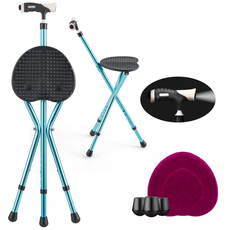 Lightweight adjustable folding cane seat with LED light, ergonomic handle, and cushion cover for comfortable resting.