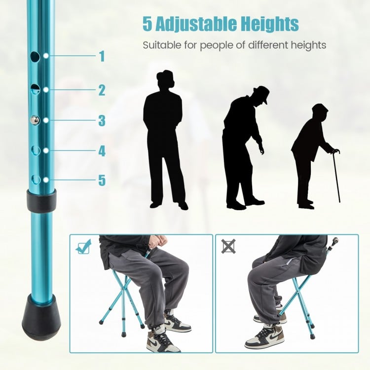 Lightweight adjustable folding cane seat with five height settings, ergonomic handle, and built-in LED light for safe.