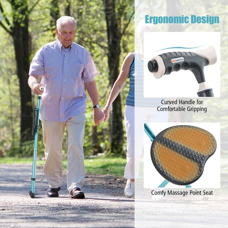 Lightweight adjustable folding cane seat with ergonomic handle, massage point seat, and built-in LED light for safe.