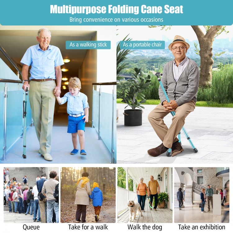 Lightweight adjustable folding cane seat in light-black, featuring a stable design and ergonomic handle for comfortable.