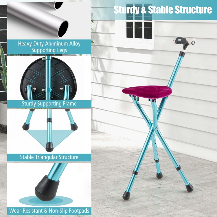Lightweight adjustable folding cane seat in light black with ergonomic handle and stable triangular structure for.